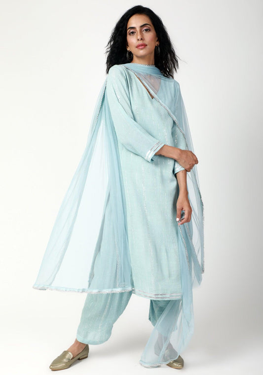 trueBrowns Blue Gota Slit Kurta-Ruffled Pant-Dupatta | Swadesiicart