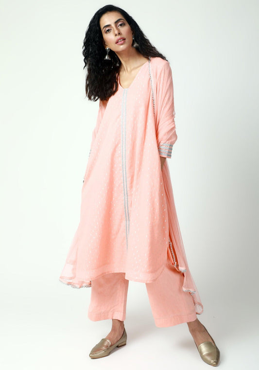 trueBrowns Peach Silver Laced Kurta-Pant-Dupatta | Swadesiicart