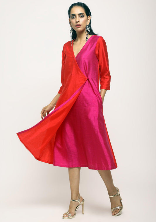 trueBrowns Orange Contrast Overlap Dress | Swadesiicart