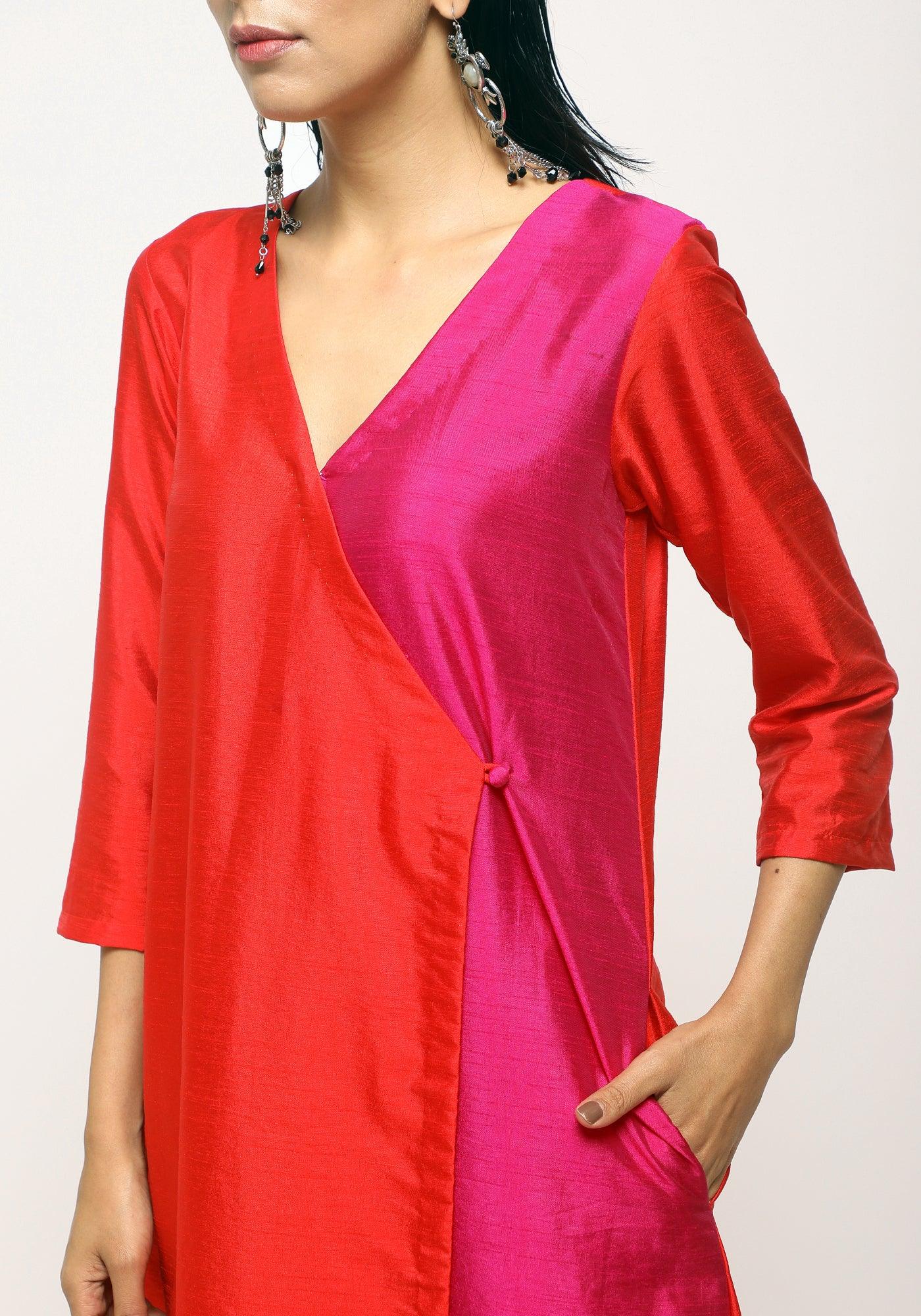 trueBrowns Orange Contrast Overlap Dress | Swadesiicart