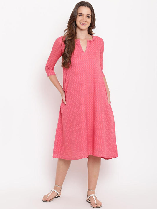 trueBrowns Brick Pink Dobby Grid Flared Dress | Swadesiicart