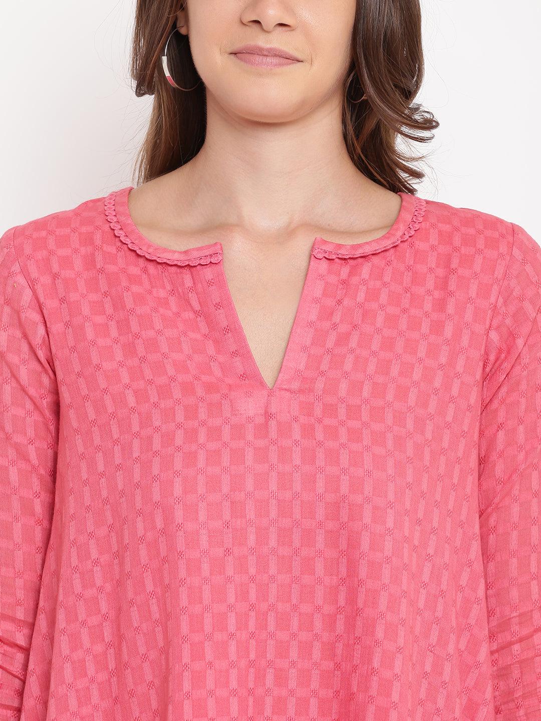 trueBrowns Brick Pink Dobby Grid Flared Dress | Swadesiicart