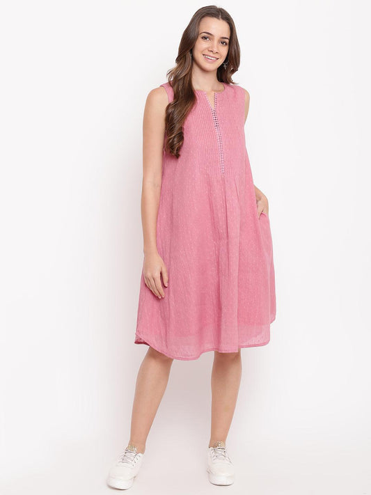 trueBrowns Pink Pin-Tucks Dress | Swadesiicart