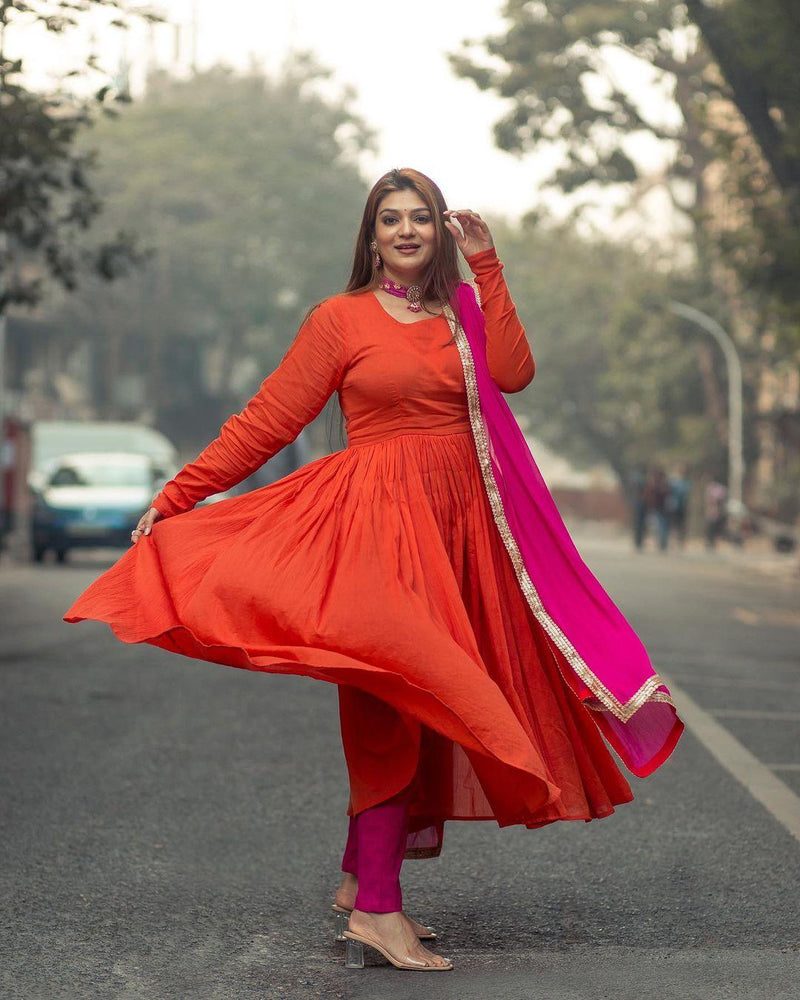 trueBrowns Orange Crinkle Anarkali Kurta Pant Dupatta Set | Swadesiicart