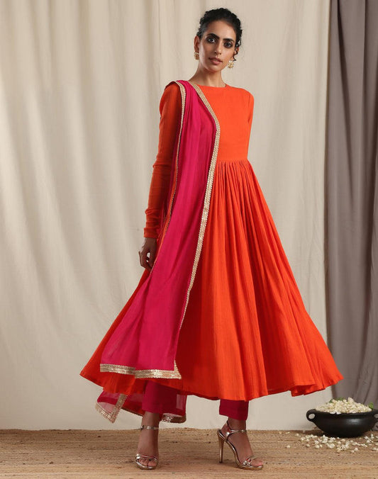 trueBrowns Orange Crinkle Anarkali Kurta Pant Dupatta Set | Swadesiicart