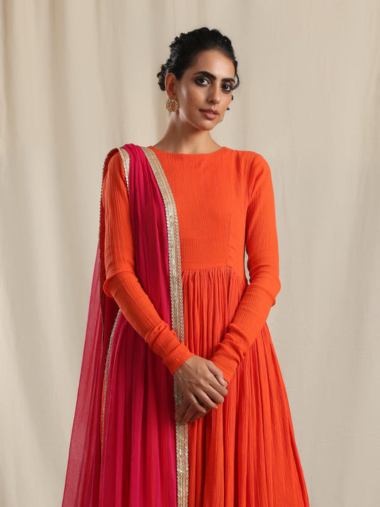 trueBrowns Orange Crinkle Anarkali Kurta Pant Dupatta Set | Swadesiicart