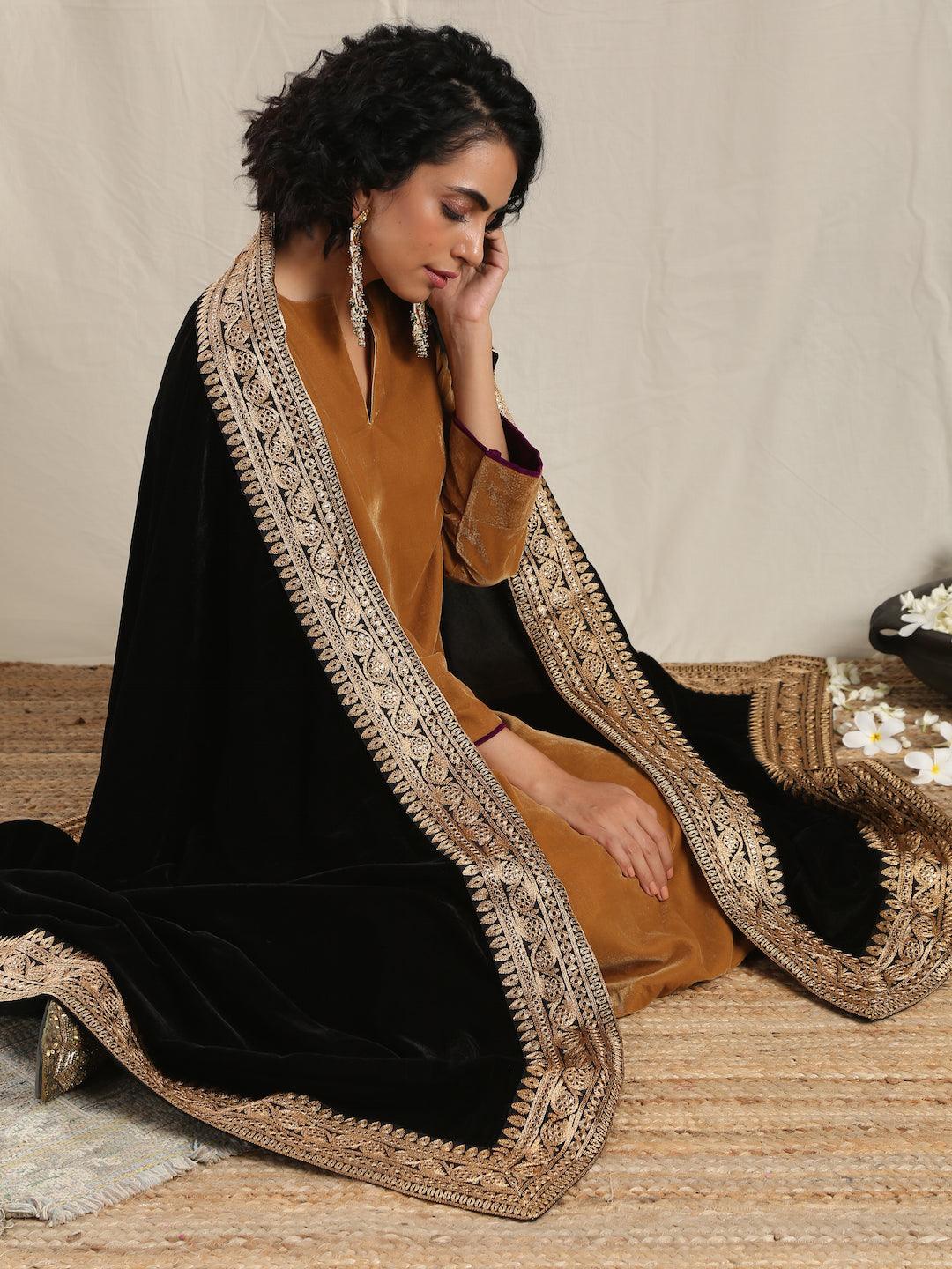 trueBrowns Black Velvet Embroidered Lace Shawl | Relove | Swadesiicart