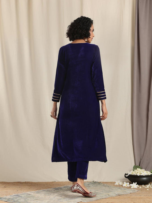 trueBrowns Blue Velvet Gota Kurta | Swadesiicart