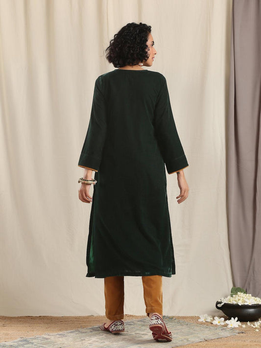 trueBrowns Green Velvet Slit Kurta | Swadesiicart