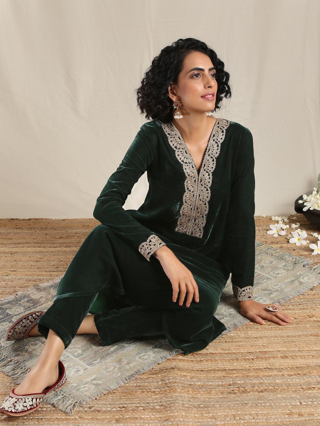 trueBrowns Green Velvet Flared Gota Kurta | Swadesiicart