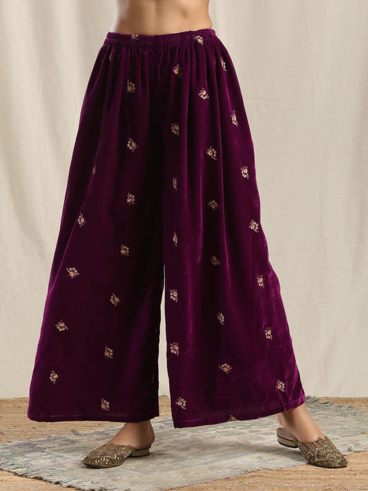 trueBrowns Wine Velvet Embroidered Palazzo | Swadesiicart