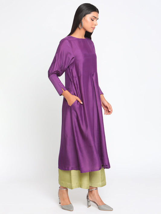 trueBrowns Silk Purple Gathered Sleeve Flared Kurta Palazzo Set | Swadesiicart