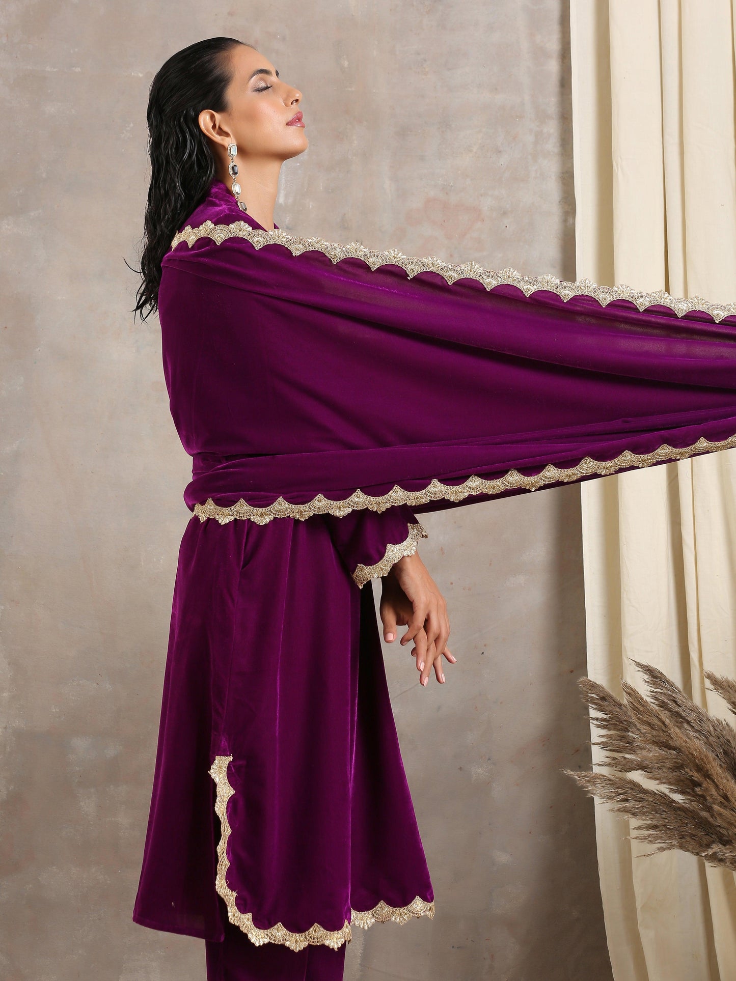 trueBrowns Wine Velvet Lace Shawl | Swadesiicart