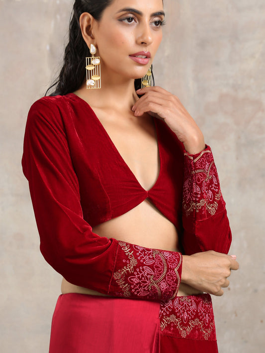 trueBrowns Red Velvet Embroidered Blouse | Swadesiicart