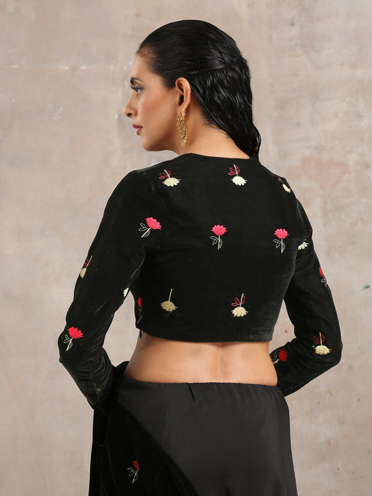 trueBrowns Black Velvet Embroidered Blouse | Swadesiicart