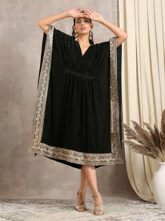 trueBrowns Black Velvet Embroidered Lace Kaftan | Swadesiicart