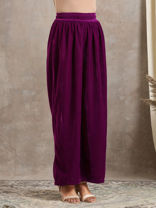 trueBrowns Wine Velvet High Waist Pant | Swadesiicart
