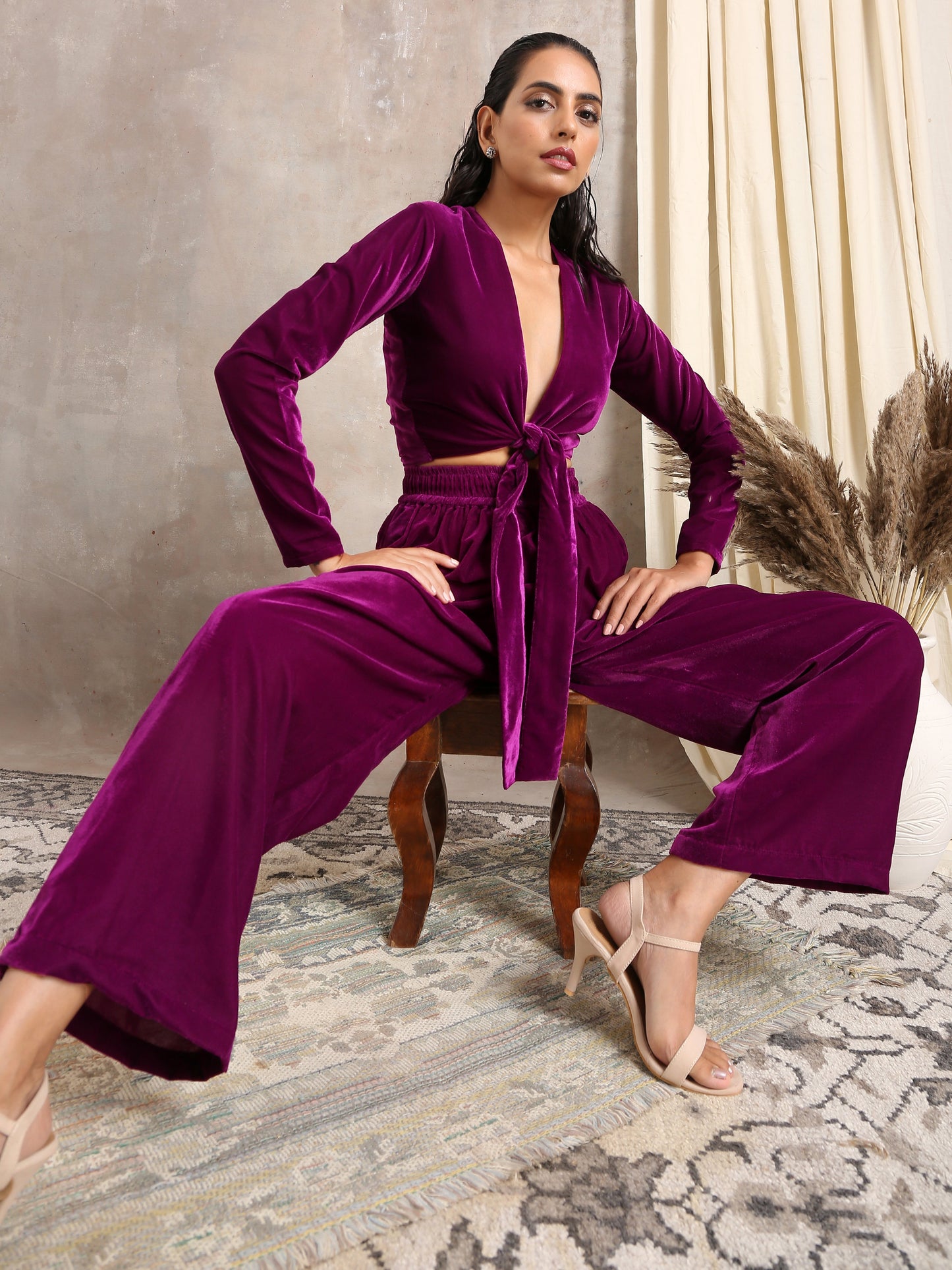 trueBrowns Wine Velvet High Waist Pant | Swadesiicart