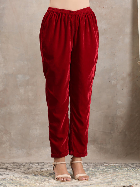 trueBrowns Red Velvet Pant | Swadesiicart