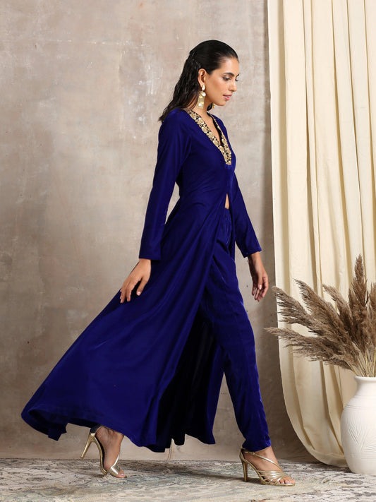 trueBrowns Blue Velvet Front Slit Kurta | Swadesiicart