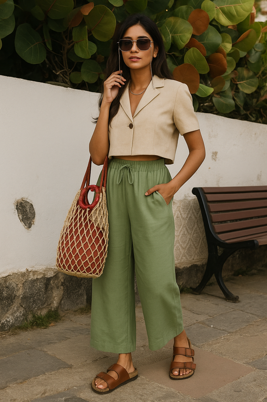 trueBrowns Mint Green Cotton Blend Elasticated Drawstring Straight Pants | Swadesiicart