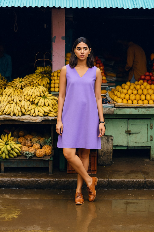 trueBrowns Lilac Cotton Blend Short Dress | Swadesiicart