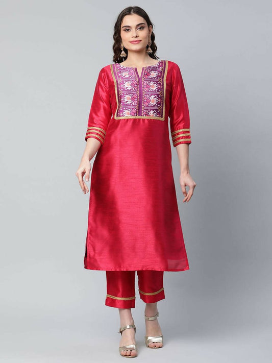 Ahalyaa Womens Red Art Silk Printed Kurta Pant Set | Swadesiicart