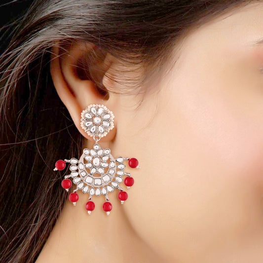 Women Rhodium Plated With Stunning Matte Finish Traditional Kundan & Faux Pearl Chandbali Earrings With Maang Tikka Set - Wahe Jewels - Swadesiicart