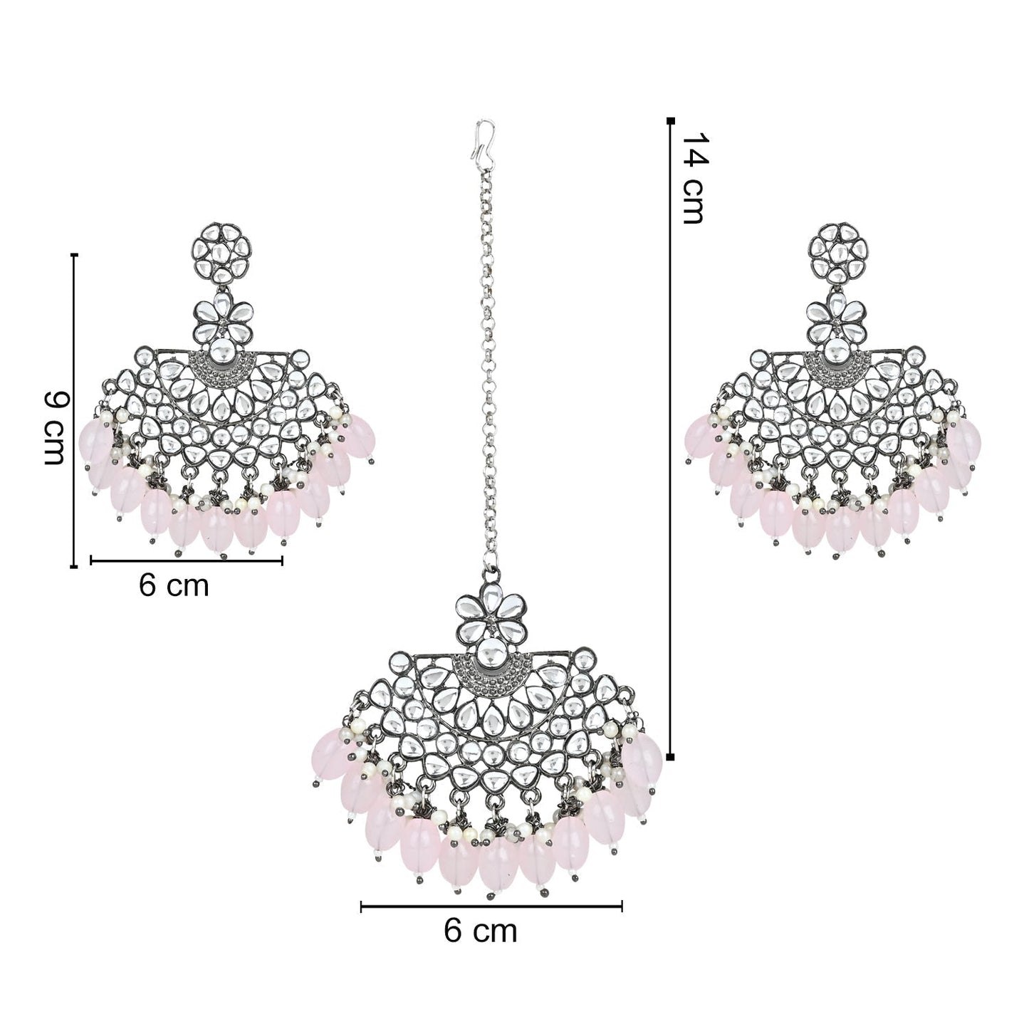 Ethnic Stylish Silver Oxidised Kundan Pearl Chandbali Earrings With Maang Tikka Set For Women And Girls - Wahe Jewels - Swadesiicart