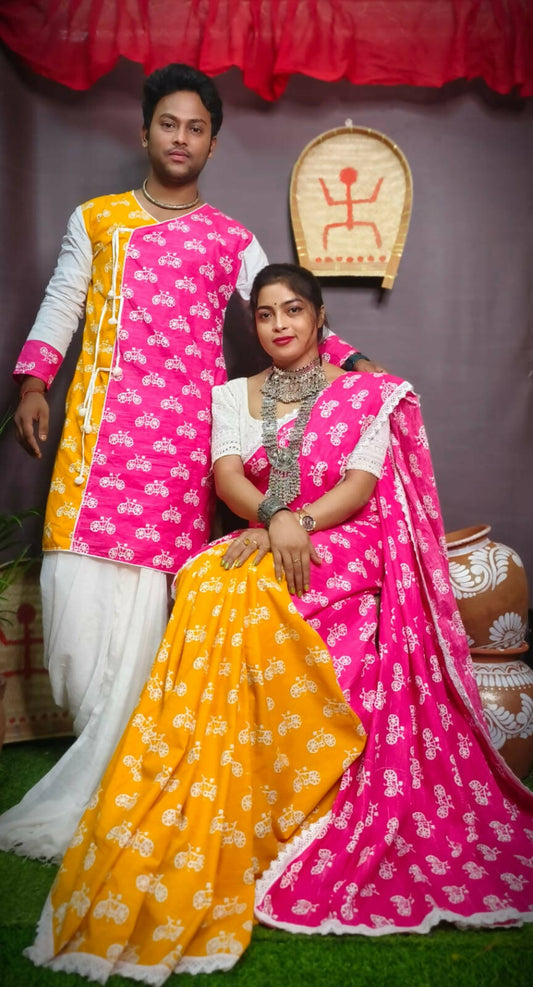 Exclusive Collection Saree With Blouse Piece For Women And Men's Kurta - Yellow | Swadesiicart