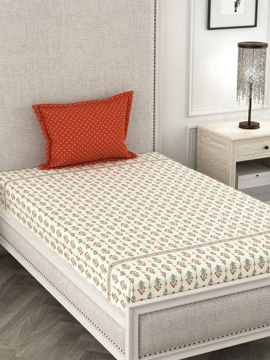 CHHAVI INDIA Cream-Coloured & Orange Floral Ultra Soft 210 TC Bedsheet with Pillow Covers