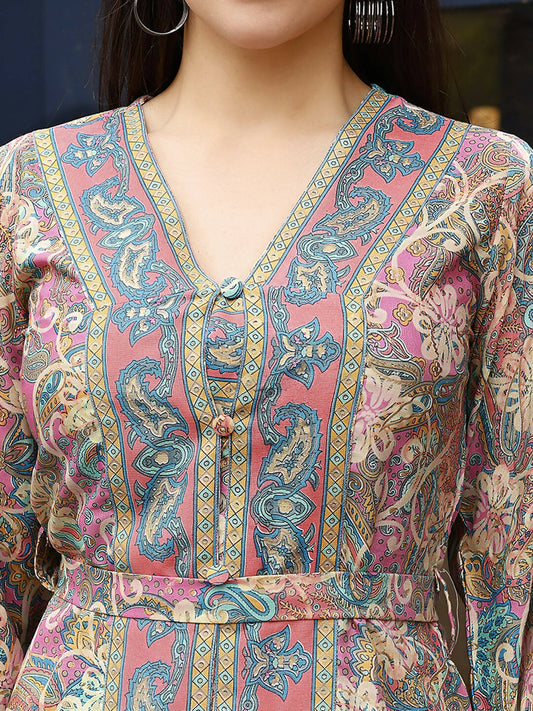 Pink Rayon Paisley & Floral Printed Top with Matching Bottom - Eesha - Swadesiicart