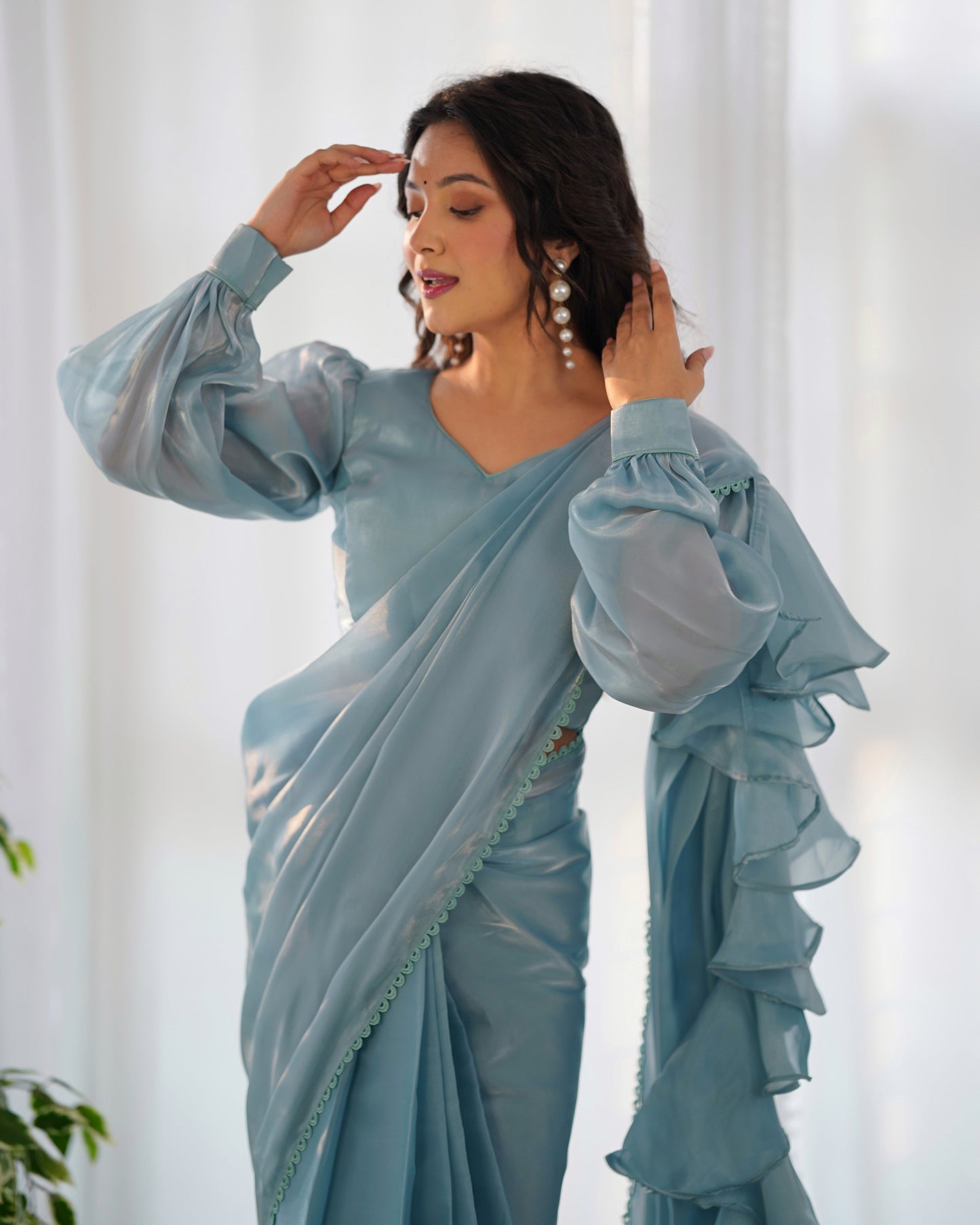 Teeya Creation Sky Color Zimichhu Silk Fully Stitched Ready To Wear Saree | Swadesiicart