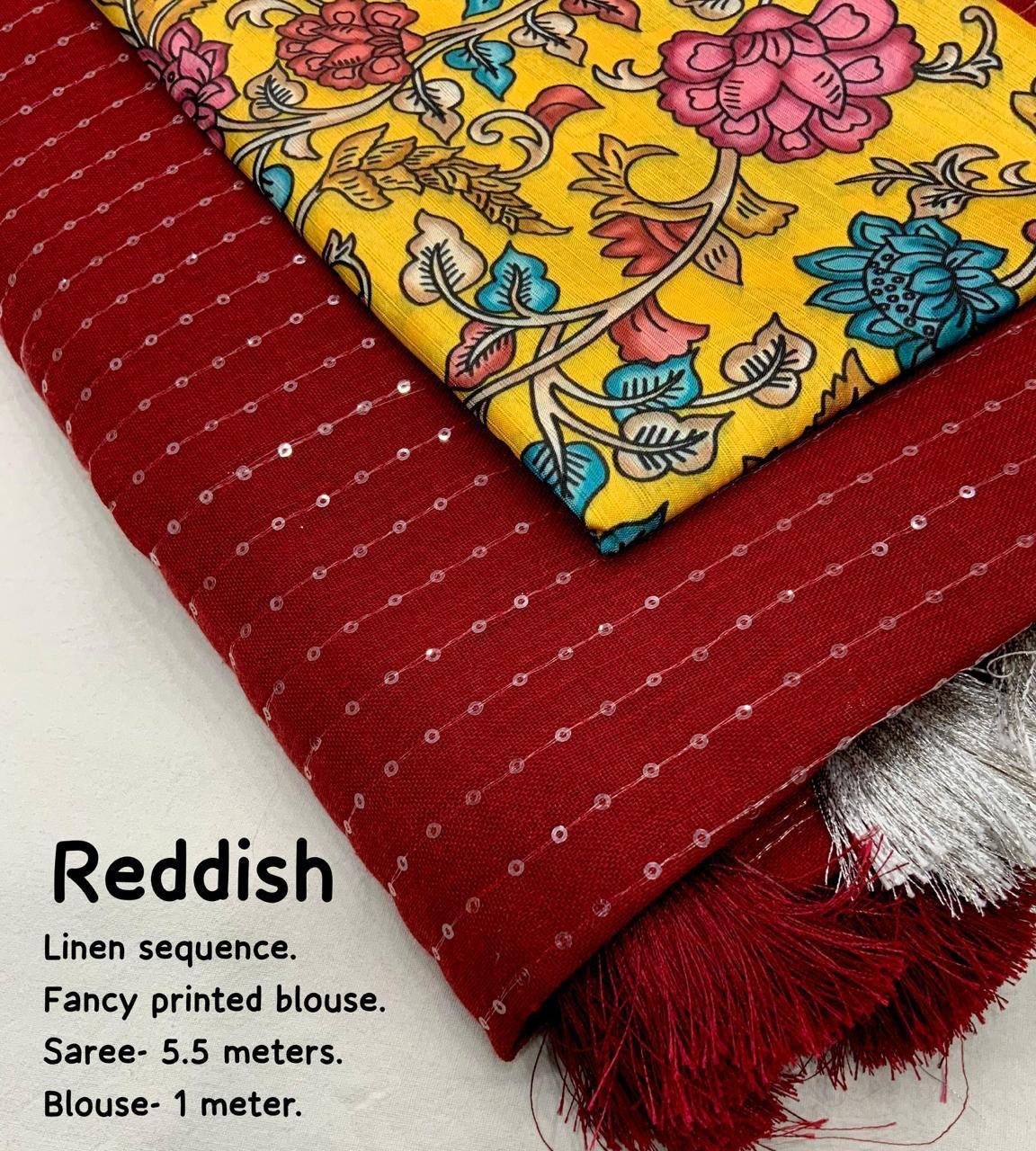 Red Linen Sequence Swadesiicart with Unstitched Blouse - Hiral Fashion