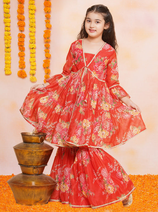 Girls Red Printed V- Neck Kurta with Sharara - Bhama | Swadesiicart