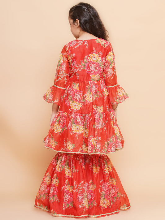 Girls Red Printed V- Neck Kurta with Sharara - Bhama | Swadesiicart