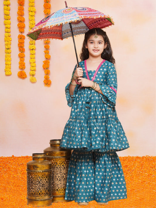 Girls Teal Blue Printed V-Neck Kurta with Sharara - Bhama | Swadesiicart