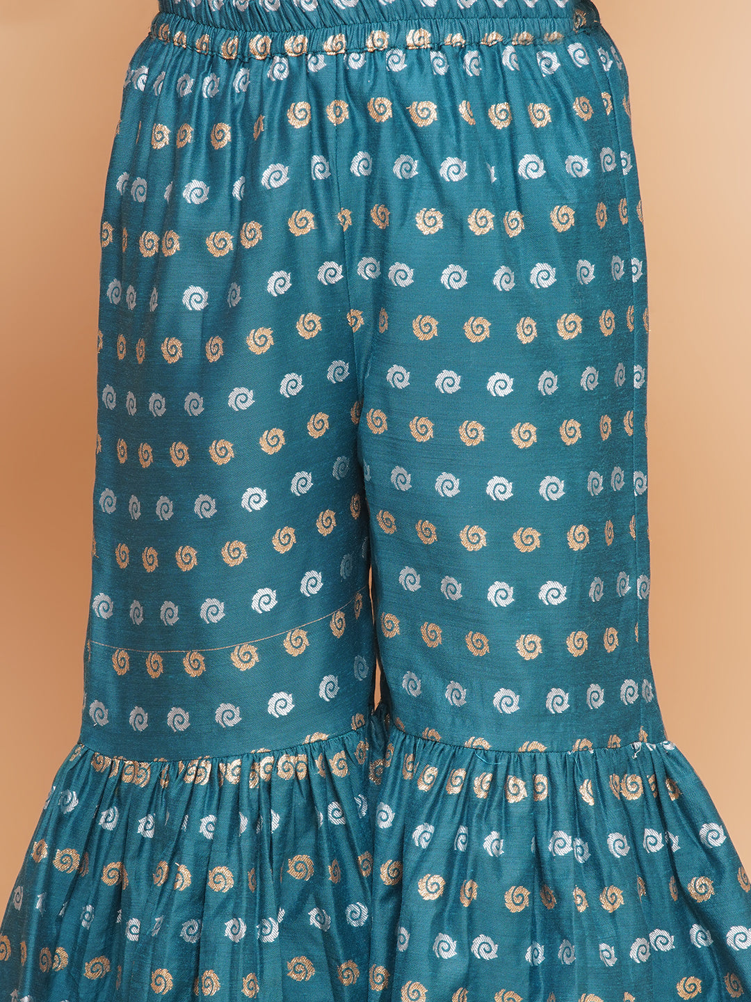 Girls Teal Blue Printed V-Neck Kurta with Sharara - Bhama | Swadesiicart