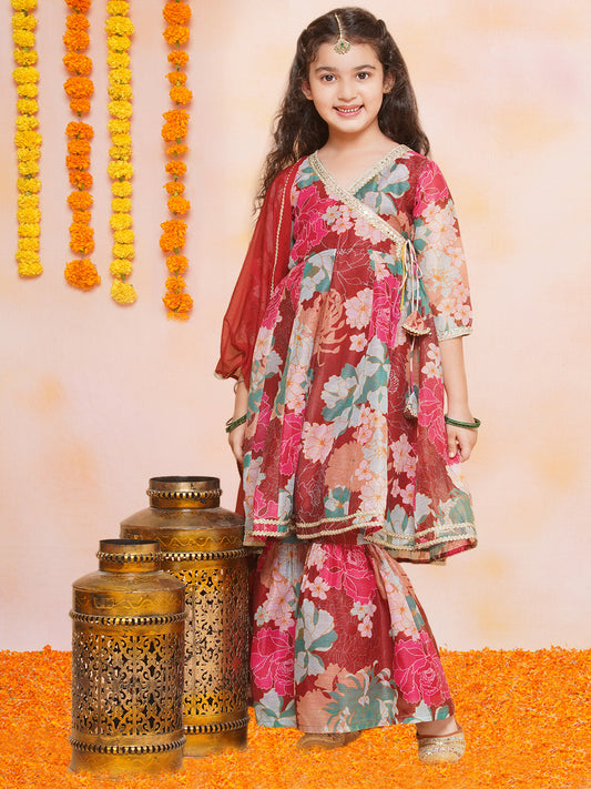 Girls Maroon Multi Printed Angrakha Kurta with Sharara & Dupatta - Bhama | Swadesiicart