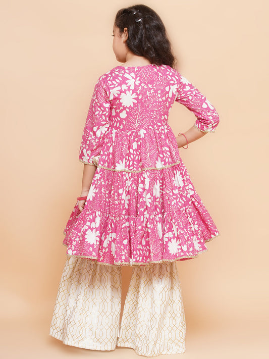 Girls Pink Printed Angrakha Tier Kurta with Sharara - Bhama | Swadesiicart
