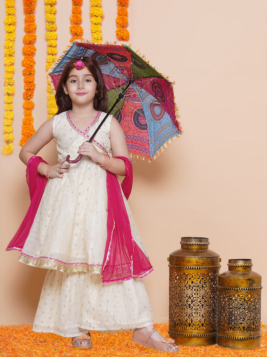 Girls Off white Booti Angrakha Gotta Patti Kurta & Sharara set With Dupatta - Bhama | Swadesiicart