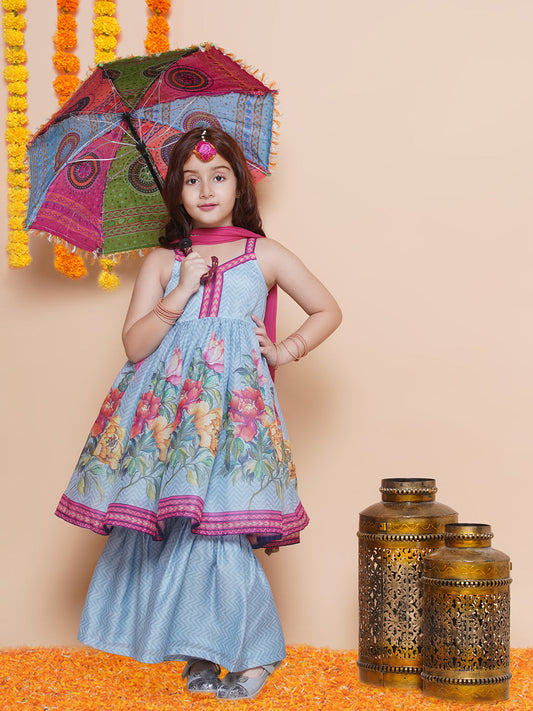 Girls Blue Floral Printed Kurta With Sharara with Dupatta - Bhama | Swadesiicart