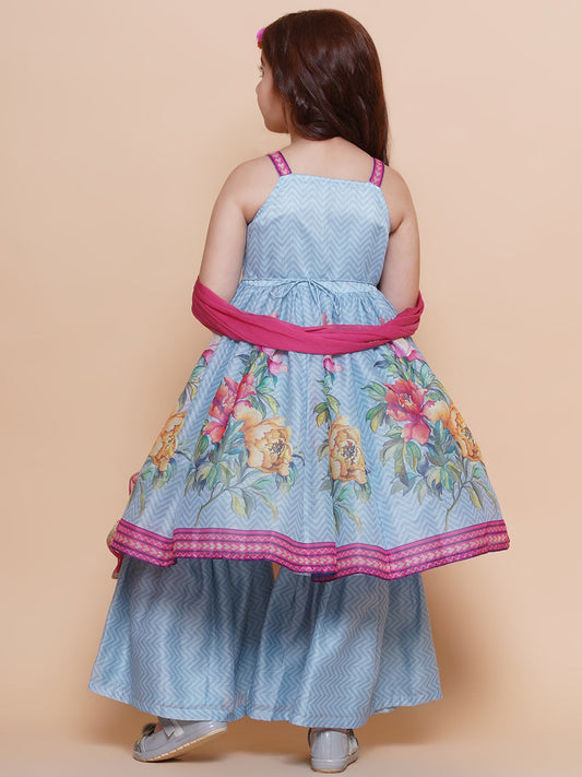 Girls Blue Floral Printed Kurta With Sharara with Dupatta - Bhama | Swadesiicart