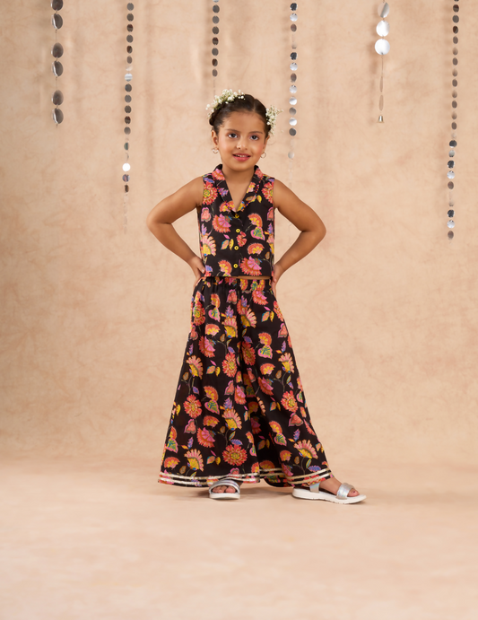 Lil Drama Jaipur Print Stylish Top with Pant Co-ordinate Set for Girls - Black - Swadesiicart