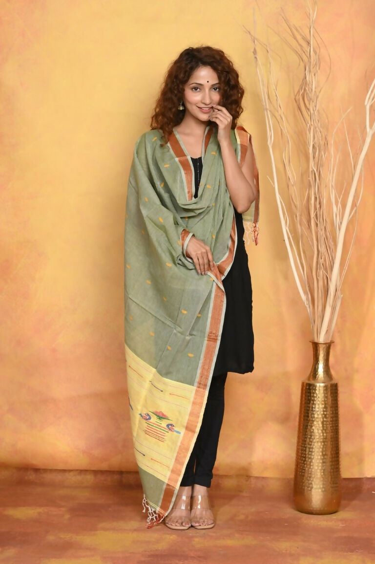 Very Much Indian Handloom Pure Cotton Paithani Dupatta - Green | Swadesiicart