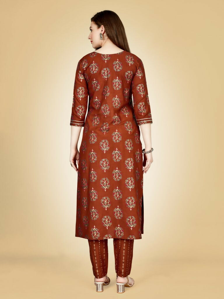 Jyoti Fashion Women's Rust Viscose Rayon Embroidered Kurta Pant Set | Swadesiicart