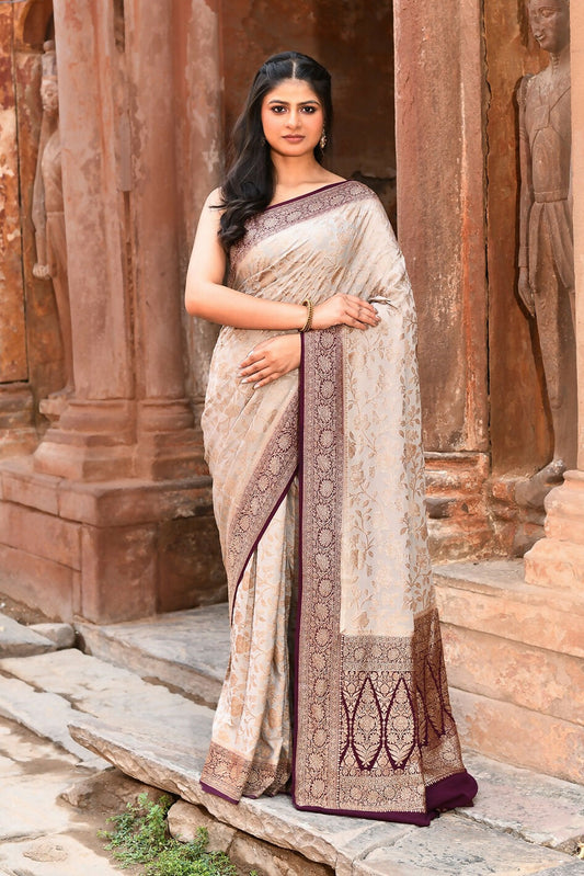 Joban Fashion Nude Grey Crepe Chiffon Pure Handloom Banarasi Silk Saree | Swadesiicart