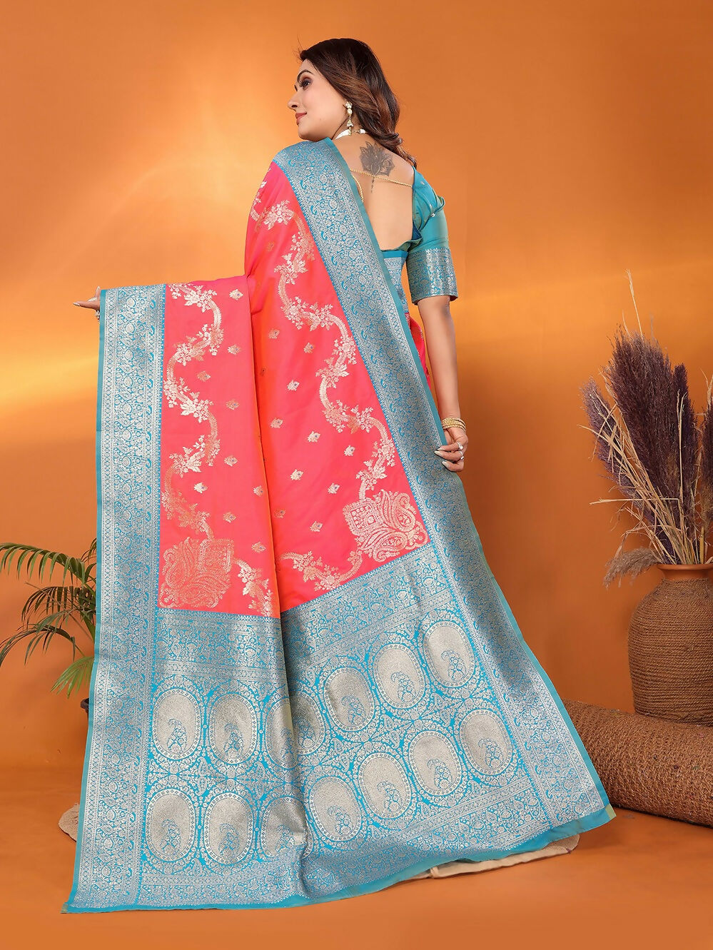 Joban Fashion Banarasi Tomato Red Woven Soft Silk Saree | Swadesiicart