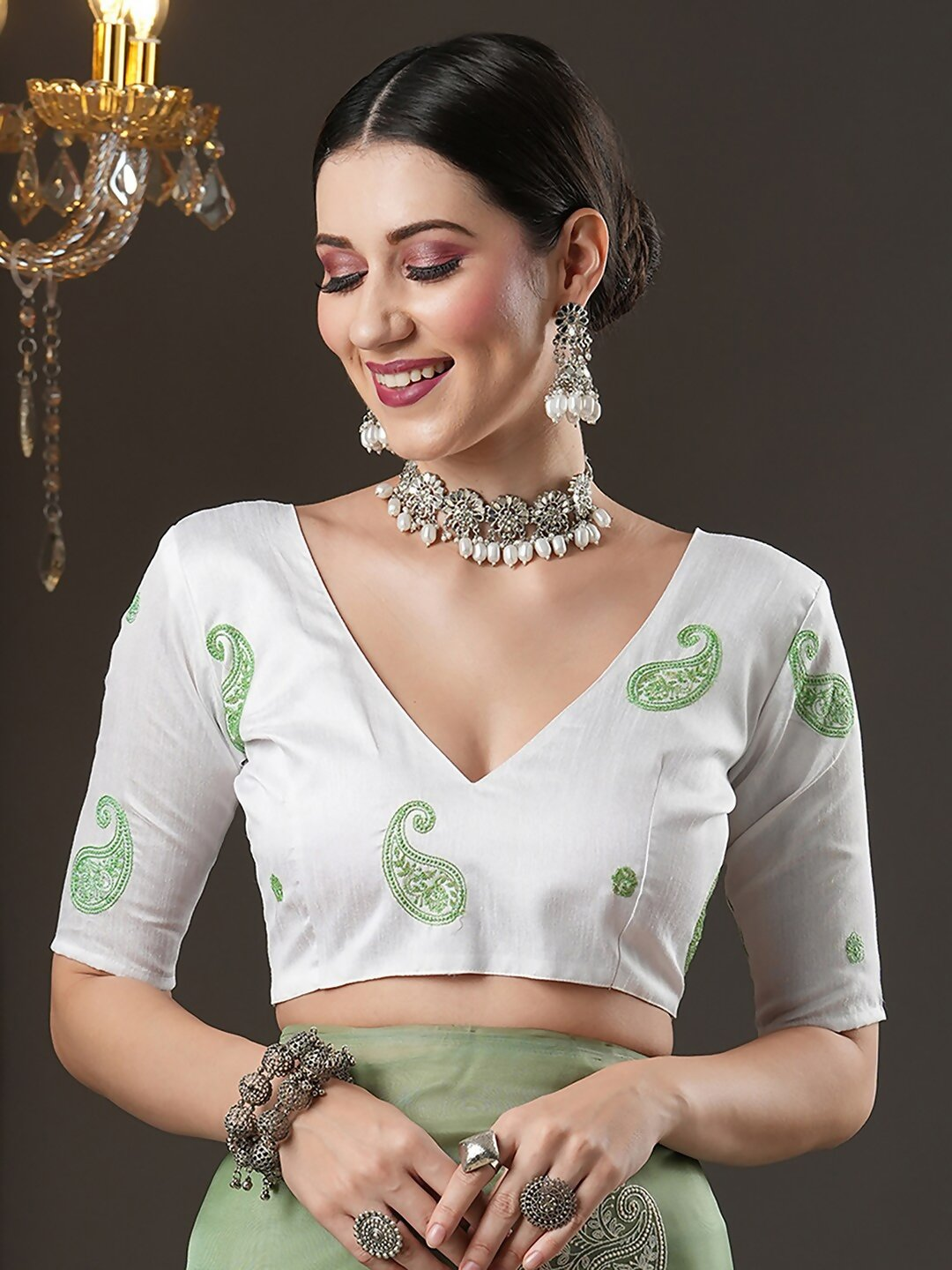 Saree Mall Olive Green & White Paisley Embroidered Organza Banarasi Sarees | Swadesiicart