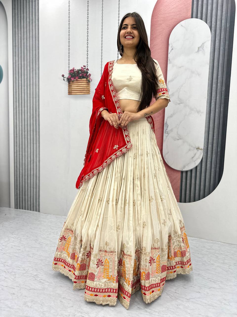 Teeya Creation Cream Color Banarasi Silk Heavy Embroidery Work Fully Stitched Lehenga Choli | Swadesiicart